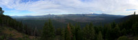 The panoramic view from the deck on Green Ridge Lookout. Mount Hood, Jefferson, Three Fingered Jack, Mount Jefferson, North Sister, and South Sister.